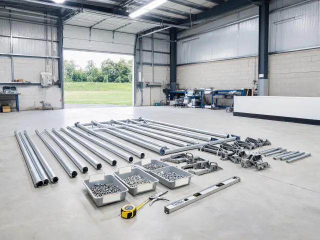 Assembly test bay with gazebo frame components