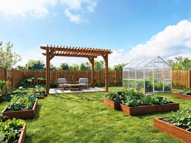 Finished pergola and greenhouse mockup in outdoor test yard