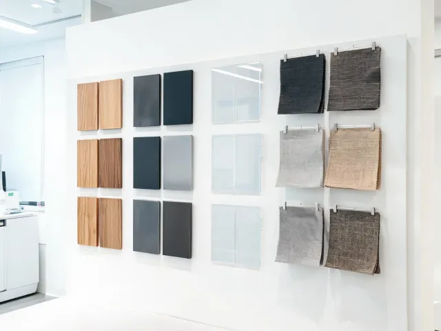Material sample wall for outdoor structure finishes