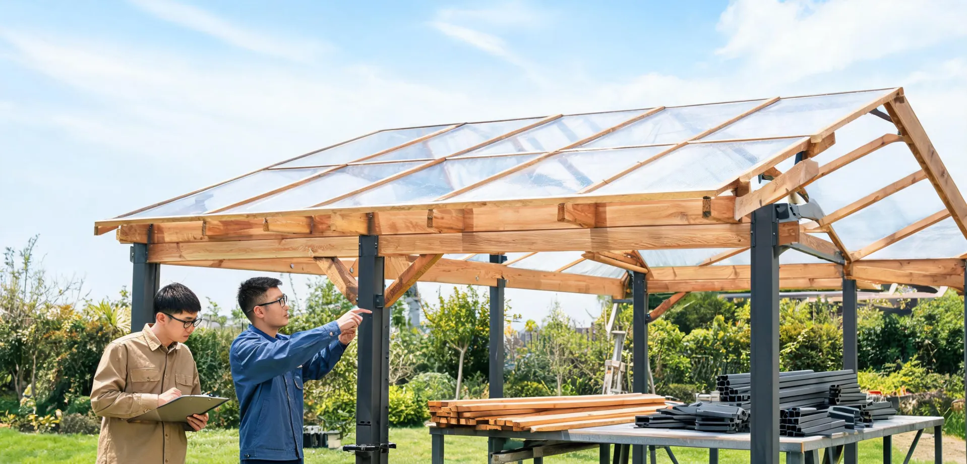 Outdoor structure testing area with cedar and steel samples