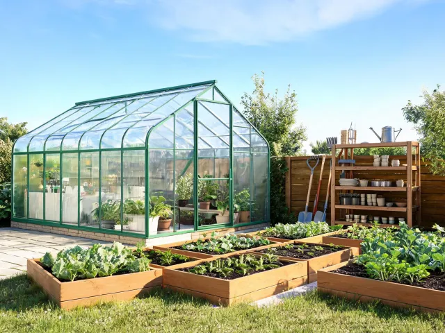 Greenhouse collection beside raised garden beds