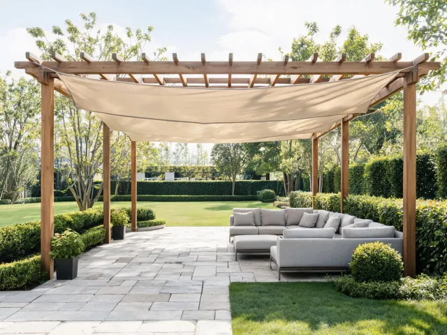 Pergola collection with shade panels over a walkway