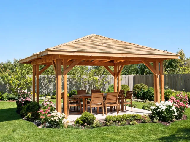 Cedar gazebo installed over an outdoor dining set