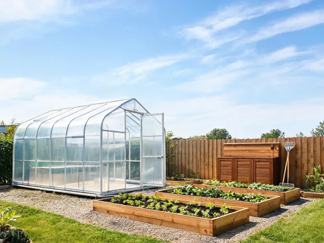 Backyard greenhouse beside raised garden beds