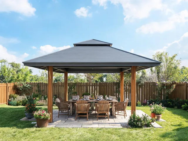 Homeowner patio with gazebo dining area