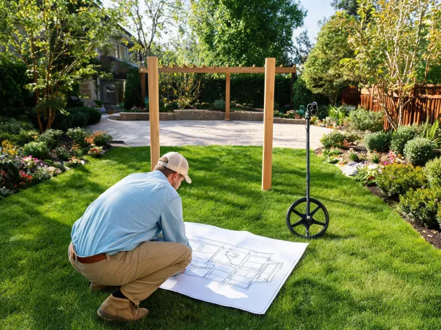 Landscape designer reviewing pergola placement in a yard