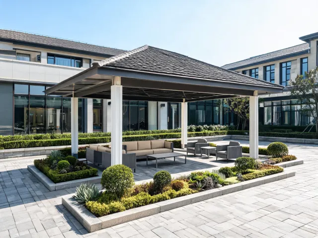 Hospitality courtyard with durable outdoor shelter