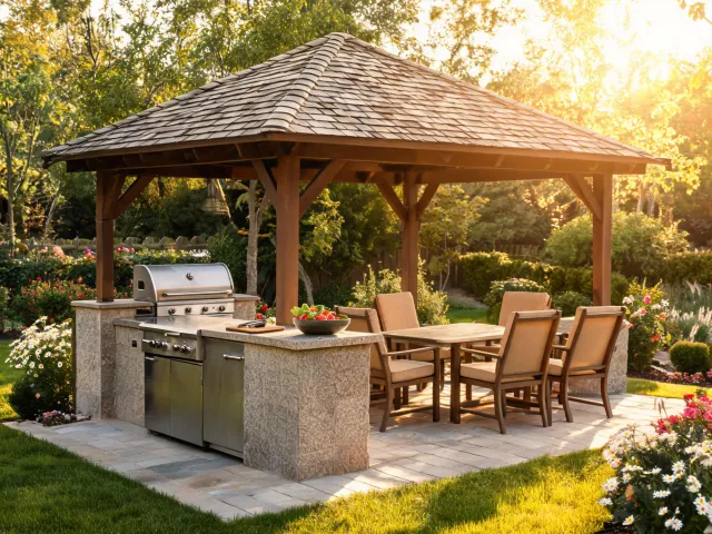 Outdoor kitchen with grill gazebo and prep counter