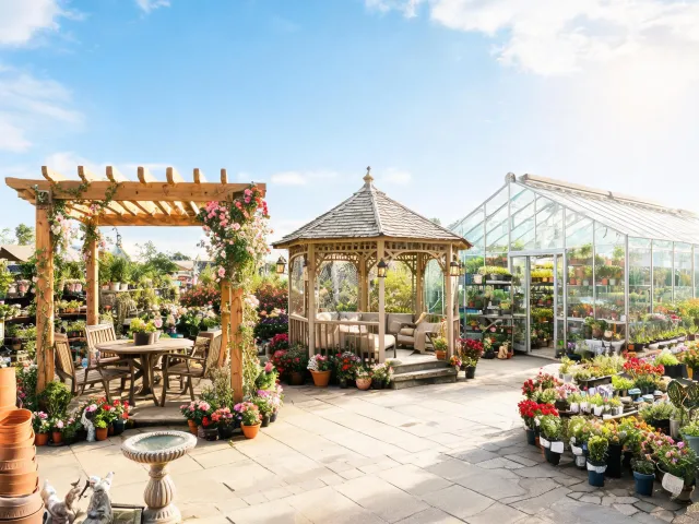 Garden center showroom with pergolas and greenhouse displays
