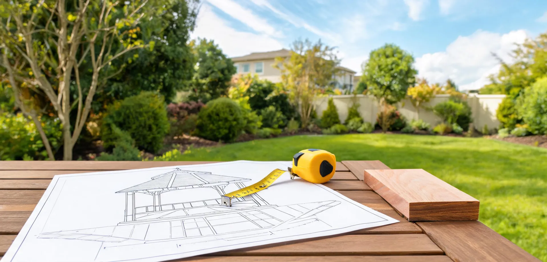 Outdoor project table with gazebo drawings and garden measurements